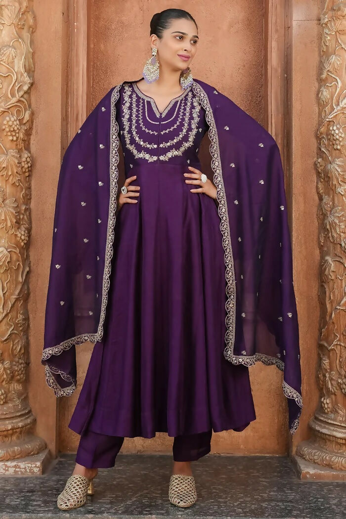 The52 Wine Women's Gorgeous Vichitra Silk Fabric Embroidered Work Flared Anarkali Pant and Dupatta Set - Distacart