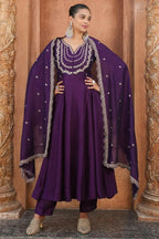 The52 Wine Women's Gorgeous Vichitra Silk Fabric Embroidered Work Flared Anarkali Pant and Dupatta Set - Distacart