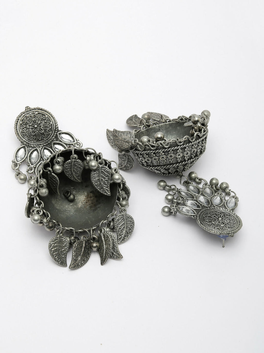 NVR Women's Silver-Plated Oxidised Artificial Stones Dome Shaped Jhumka Earrings - Distacart