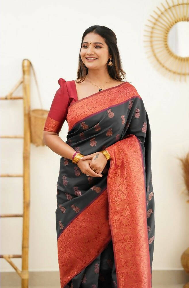 DEIANA'S Beautiful Designer Golden zari Soft Lichi Silk Saree - Black