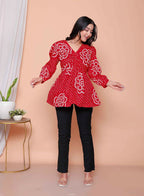 Miravan Womens Red Bandhani Printed Cotton Butterfly Design Top