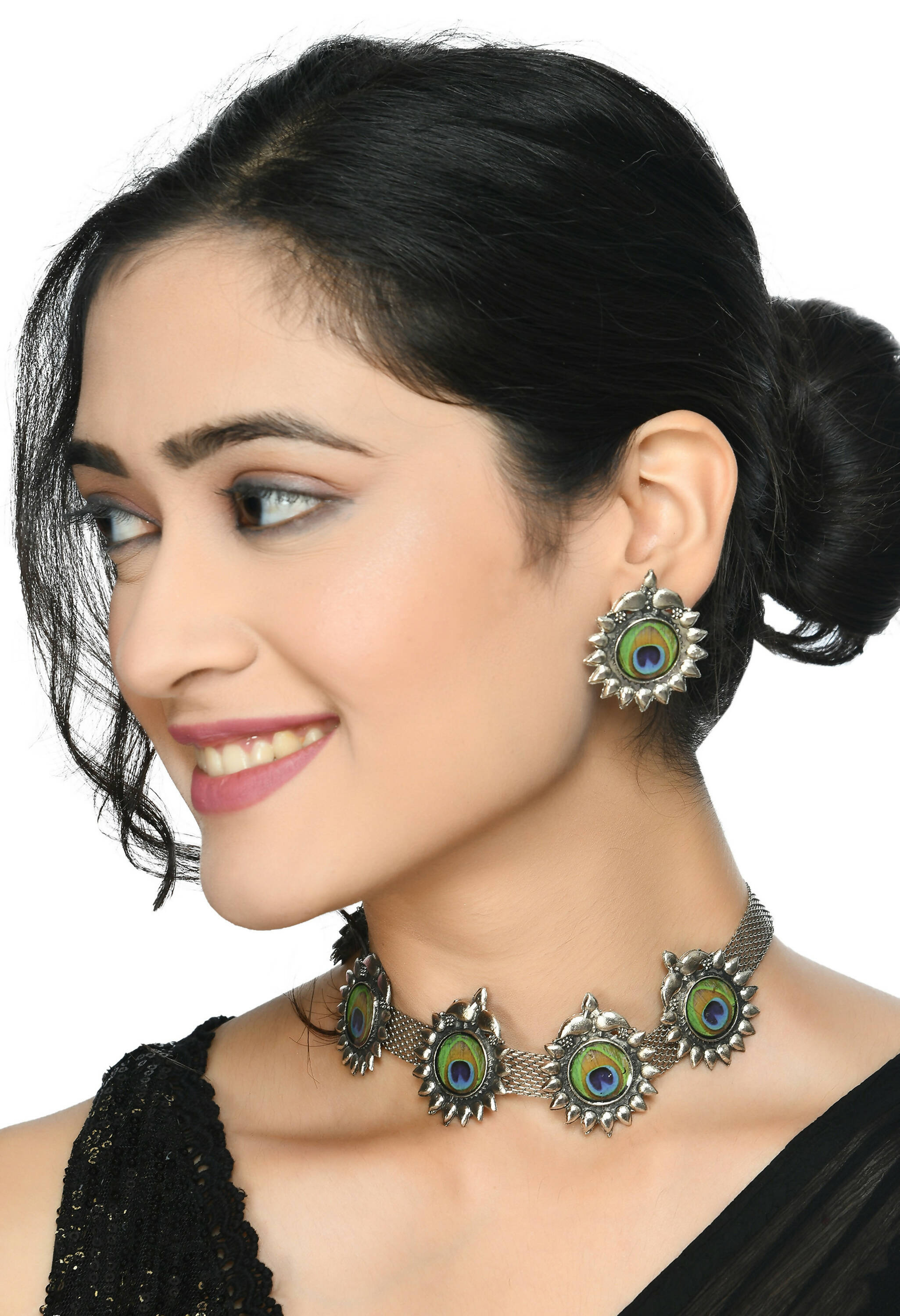 Mominos Fashion Johar Kamal Oxidised Silver-Plated Peacock Wings Work Necklace Handicraft - Distacart