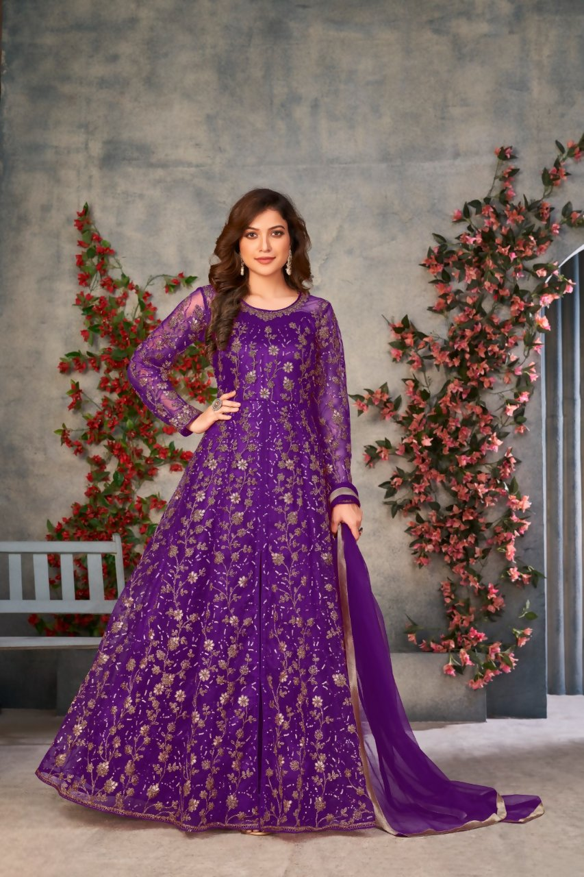 Anaita Purple Embroidered Net Stitched Anarkali suit - Distacart