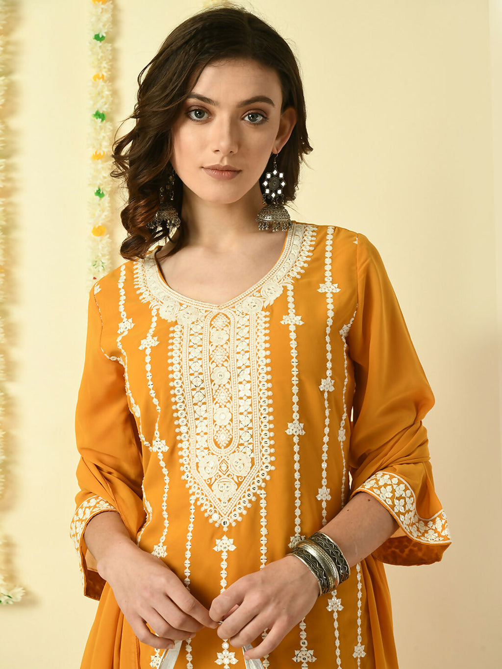 Myshka Women's Mustard Georgette Kurta & Palazzos With Dupatta Party Sets