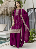The52 Wine Beautiful Embroidered Vichitra Silk Fabric Straight Kurta, Palazzo and Dupatta Set - Distacart