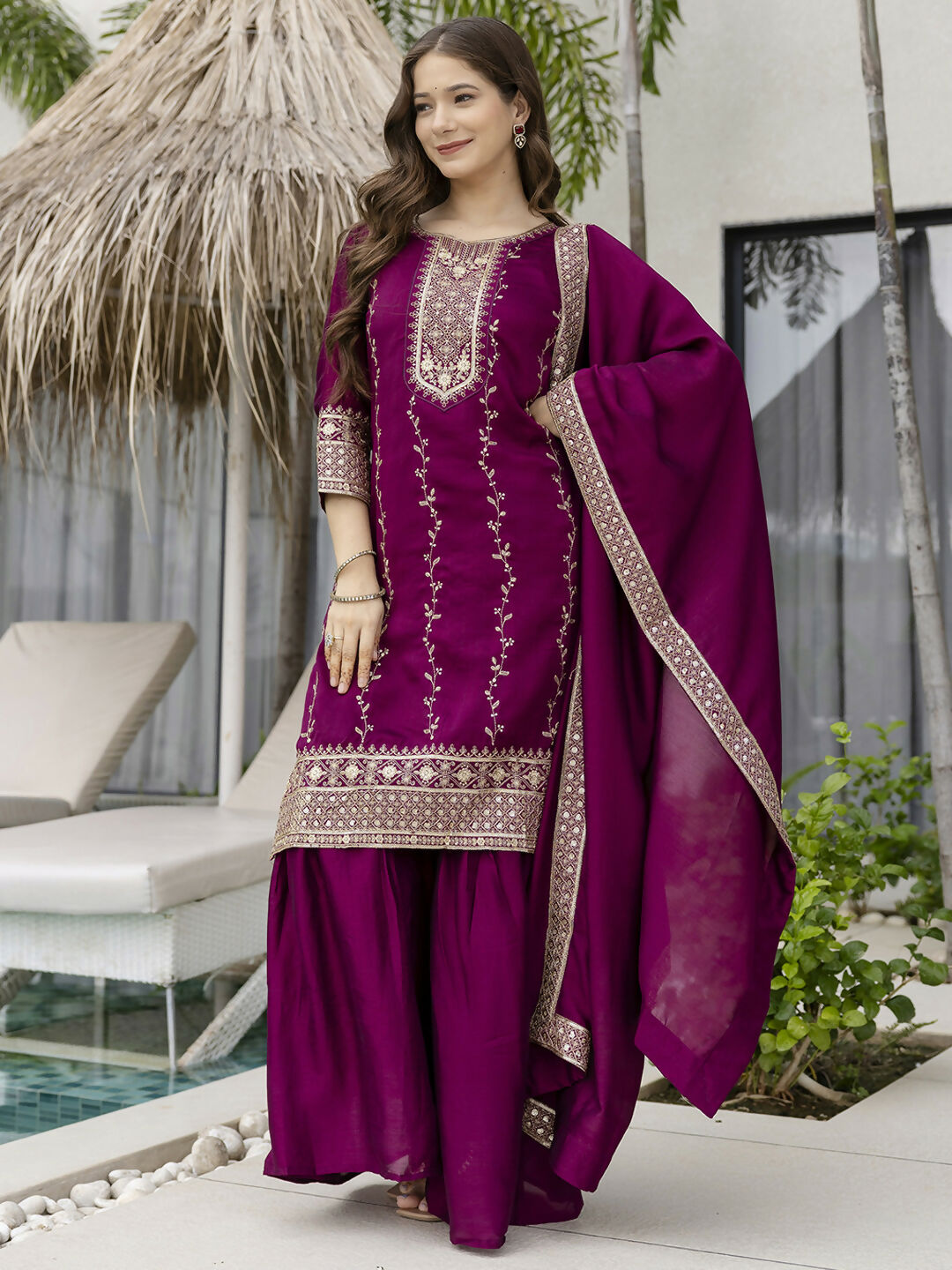 The52 Wine Beautiful Embroidered Vichitra Silk Fabric Straight Kurta, Palazzo and Dupatta Set - Distacart