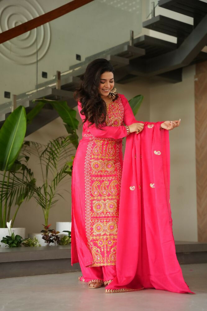 Joban Fashion Gajri Kurta Set Silk Sequins , Zari, Coding & Thread Embroidered work - Distacart