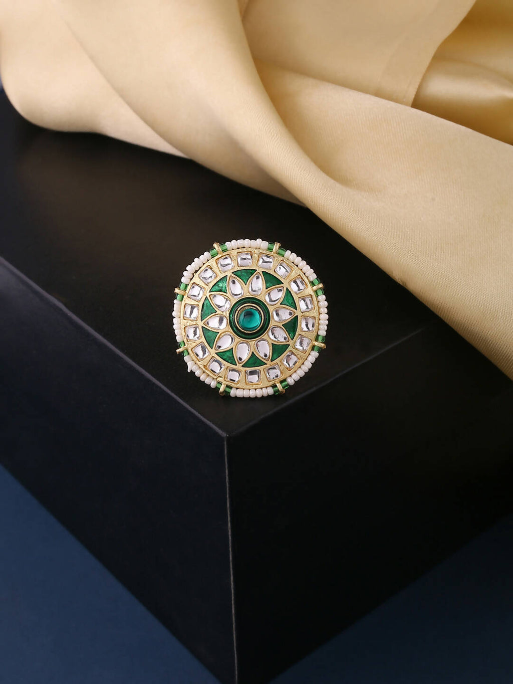 NVR Women's Traditional Kundan Meenakari Gold-Polished Ajustable Finger Ring