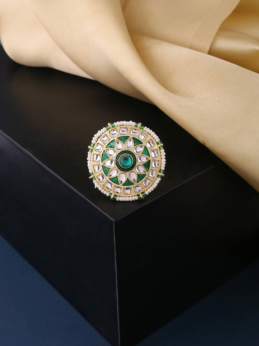 NVR Women's Traditional Kundan Meenakari Gold-Polished Ajustable Finger Ring