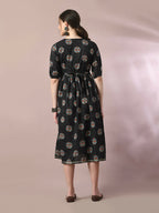 Myshka Women's Black Printed Cotton V-Neck Empire Party Dress - Distacart