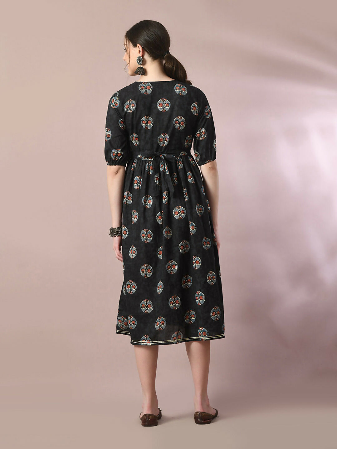 Myshka Women's Black Printed Cotton V-Neck Empire Party Dress - Distacart