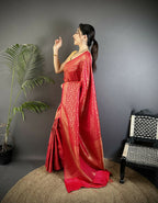Joban Fashion Red Floral & Paisley Motifs Soft Satin Silk Banarasi Saree - Distacart