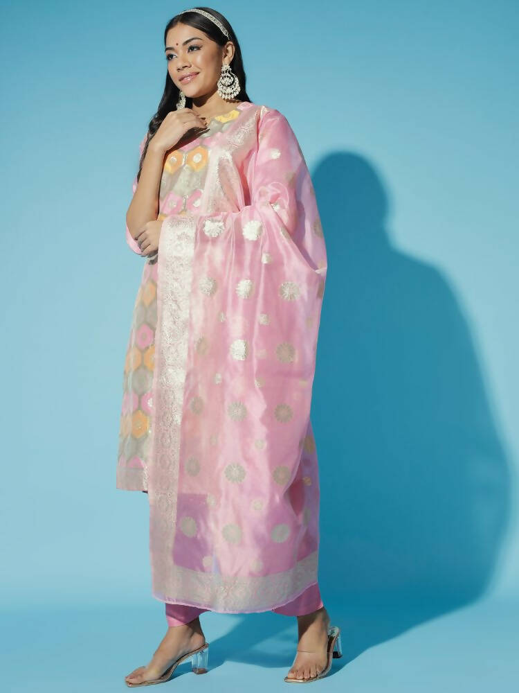 Myshka Women Pink Printed Kurta & Trousers With Dupatta - Distacart