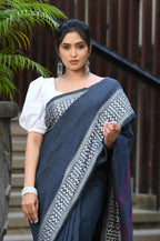 Beatitude Blue Cotton Jacquard Border Tangail Handloom Saree