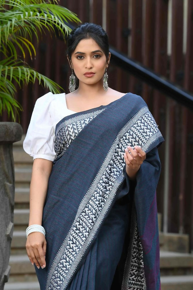 Beatitude Blue Cotton Jacquard Border Tangail Handloom Saree