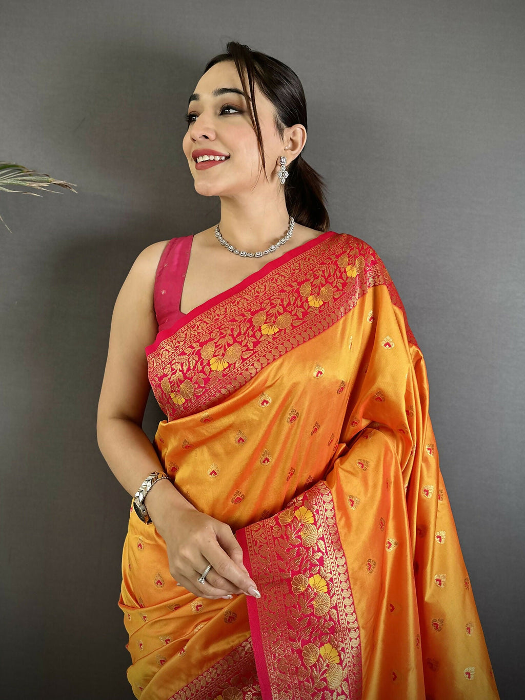 Joban Fashion Orange Intricate Motifs Soft Silk Banarasi Saree