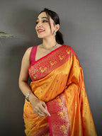 Joban Fashion Orange Intricate Motifs Soft Silk Banarasi Saree