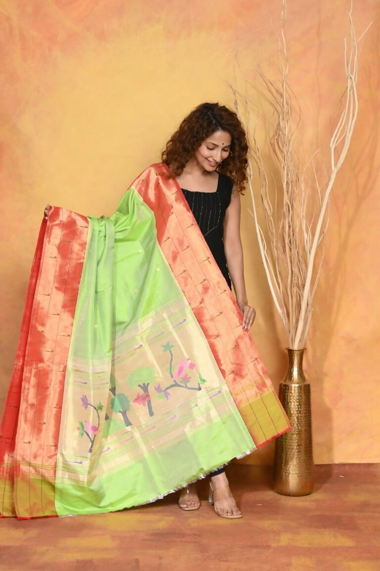 Very Much Indian Handloom Pure Cotton Paithani Dupatta - White