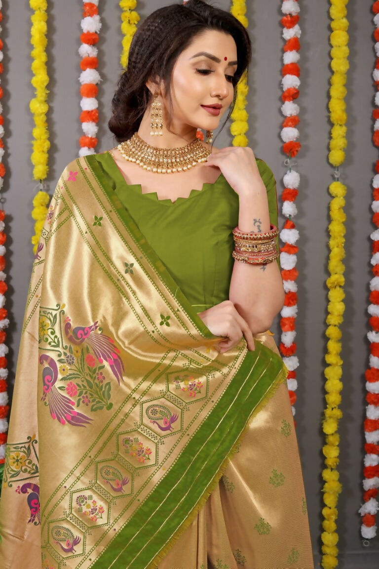 Jyoti Fashion Women's Green Paithani Silk Zari Woven Saree with Blouse