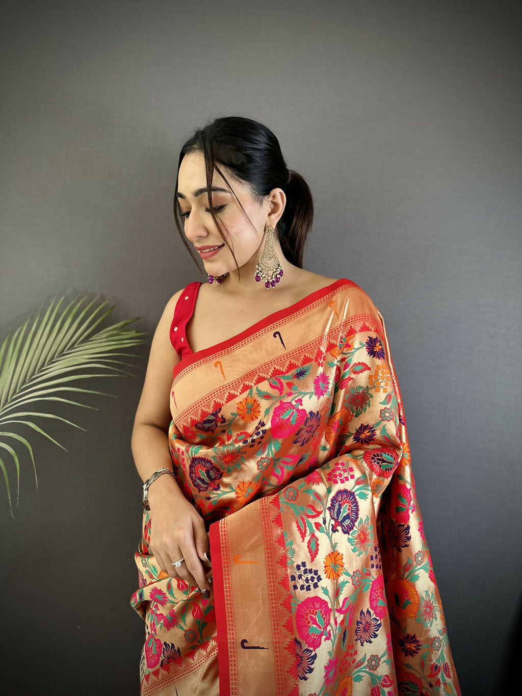 Joban Fashion Orange Floral & Potentially Peacock Soft Silk Paithani Saree - Distacart
