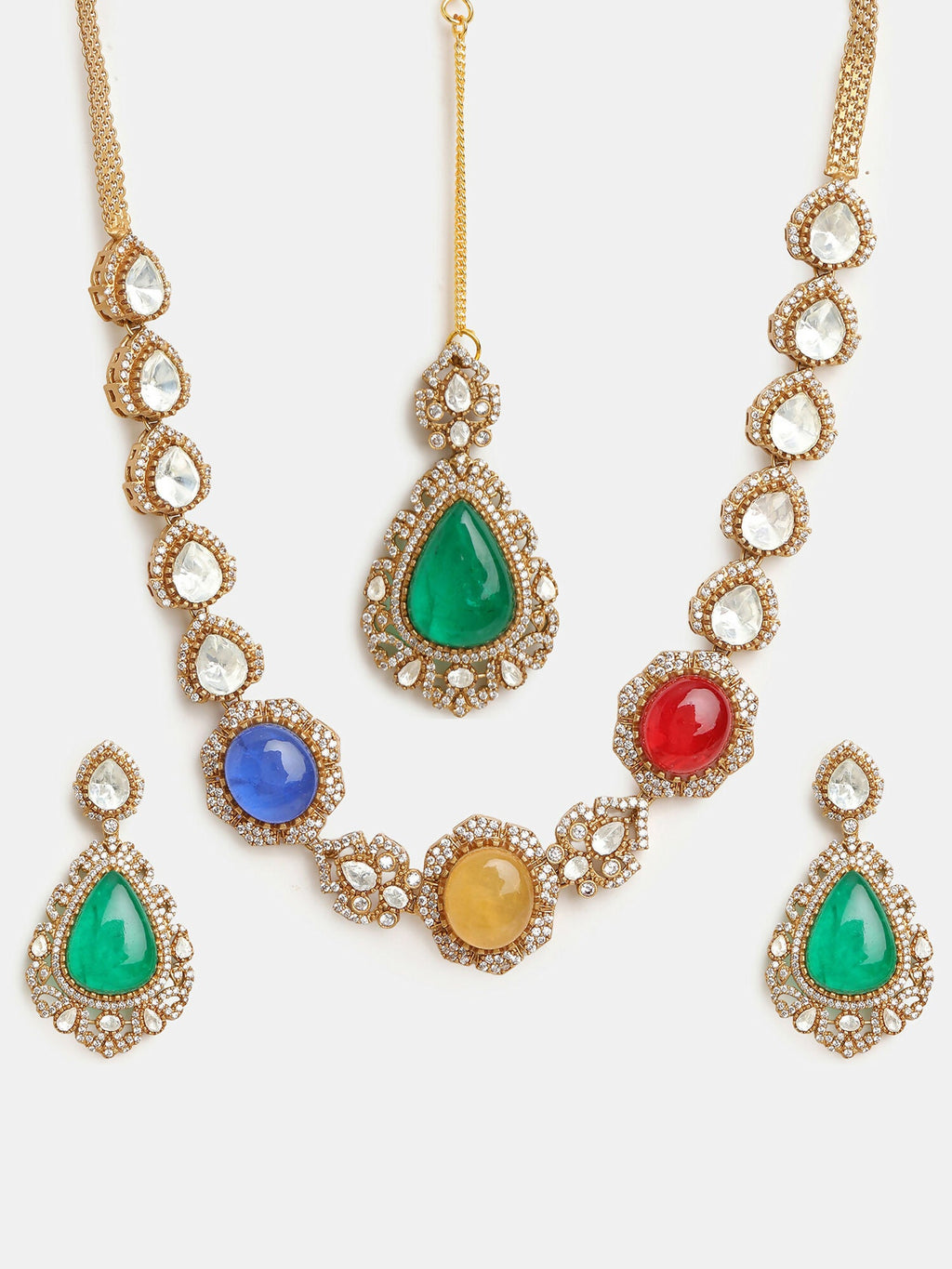 Ruby Raang 22k Gold Polished Stonework Kundan Necklace With Earrings And Maang Tikka