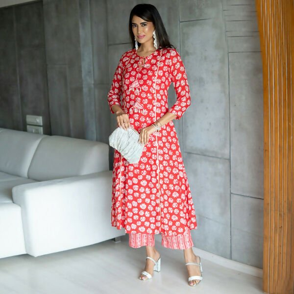 Aayaa Pure Muslin printed Kurti & Pant - Red