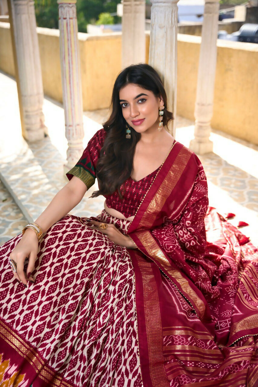 Vastranavya Designer Ikkat Print With Foil Work Lehenga Choli - Maroon