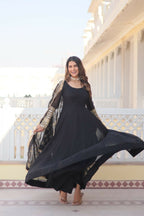 Jyoti Fashion Women's Black Faux Blooming Sequins Zari Embroidered Anarkali Dress with Dupatta