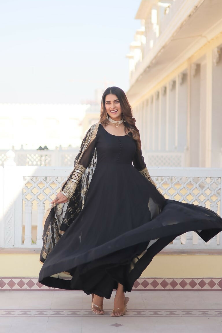 Jyoti Fashion Women's Black Faux Blooming Sequins Zari Embroidered Anarkali Dress with Dupatta