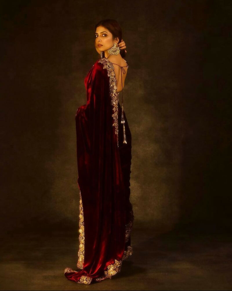 Joban Fashion Maroon 9000 Velvet Party Wear Sarees - Distacart