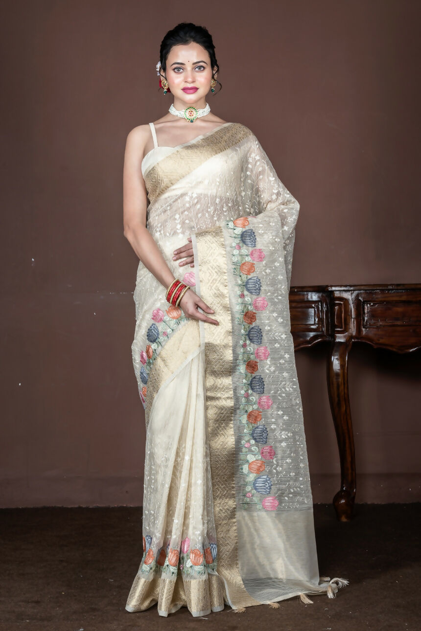 Morchari Beige Banarasi Tissue Computer Embroidery Saree Unstitched Blouse - Distacart