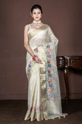 Morchari Beige Banarasi Tissue Computer Embroidery Saree Unstitched Blouse - Distacart