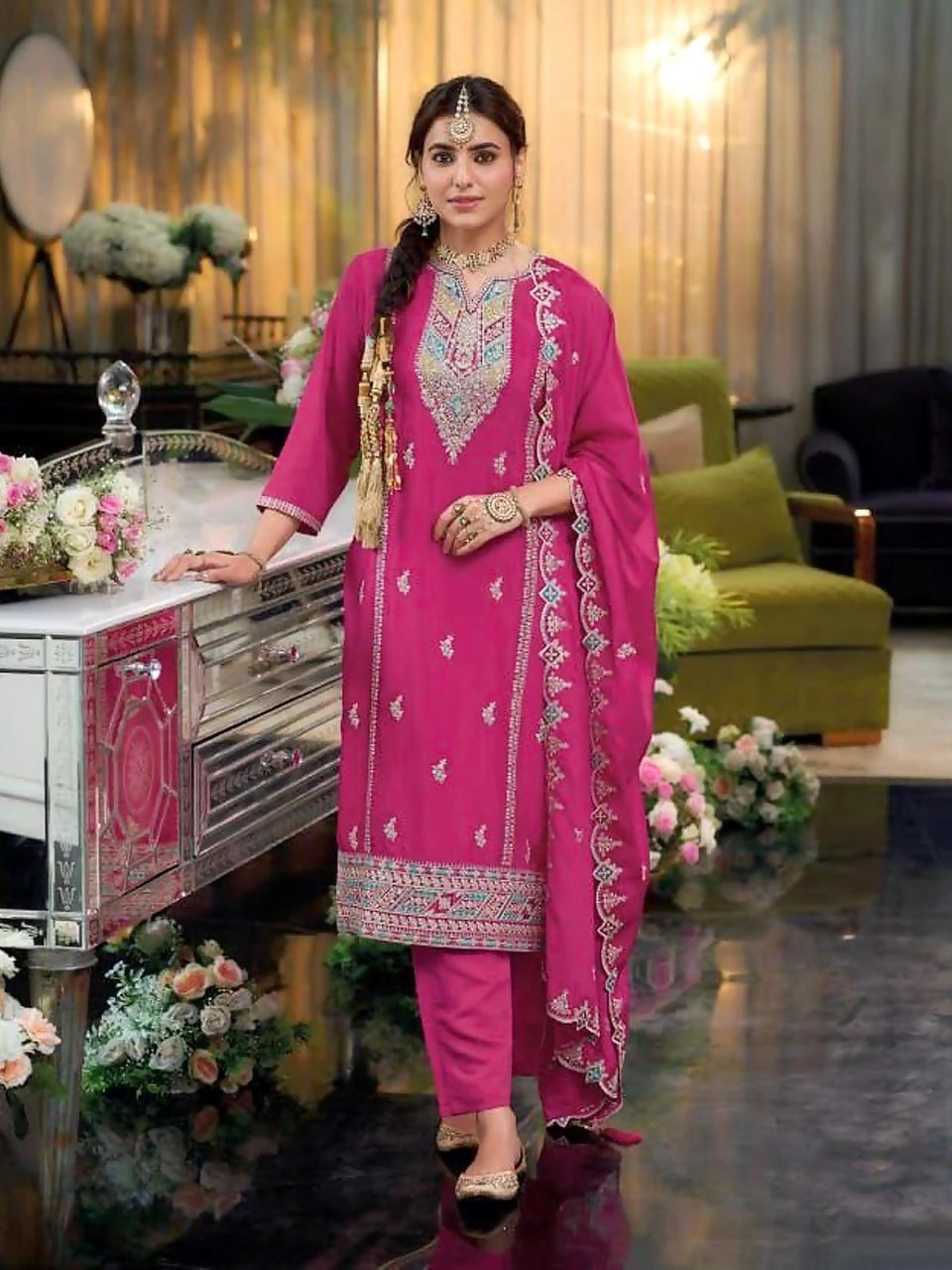 Anaita Rani Pink Heavy Chinon Readymade Suit with Embroidery & Sequence Work - Distacart