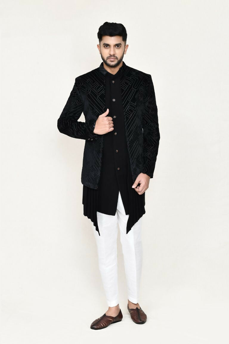 Joban Fashion Black Colored Velvet Based With Full Embroidered Fabric Open Jacket, Indo Western With Pant
