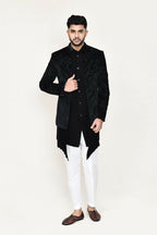 Joban Fashion Black Colored Velvet Based With Full Embroidered Fabric Open Jacket, Indo Western With Pant