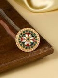 NVR Women's Traditional Kundan Meenakari Gold-Polished Ajustable Finger Ring