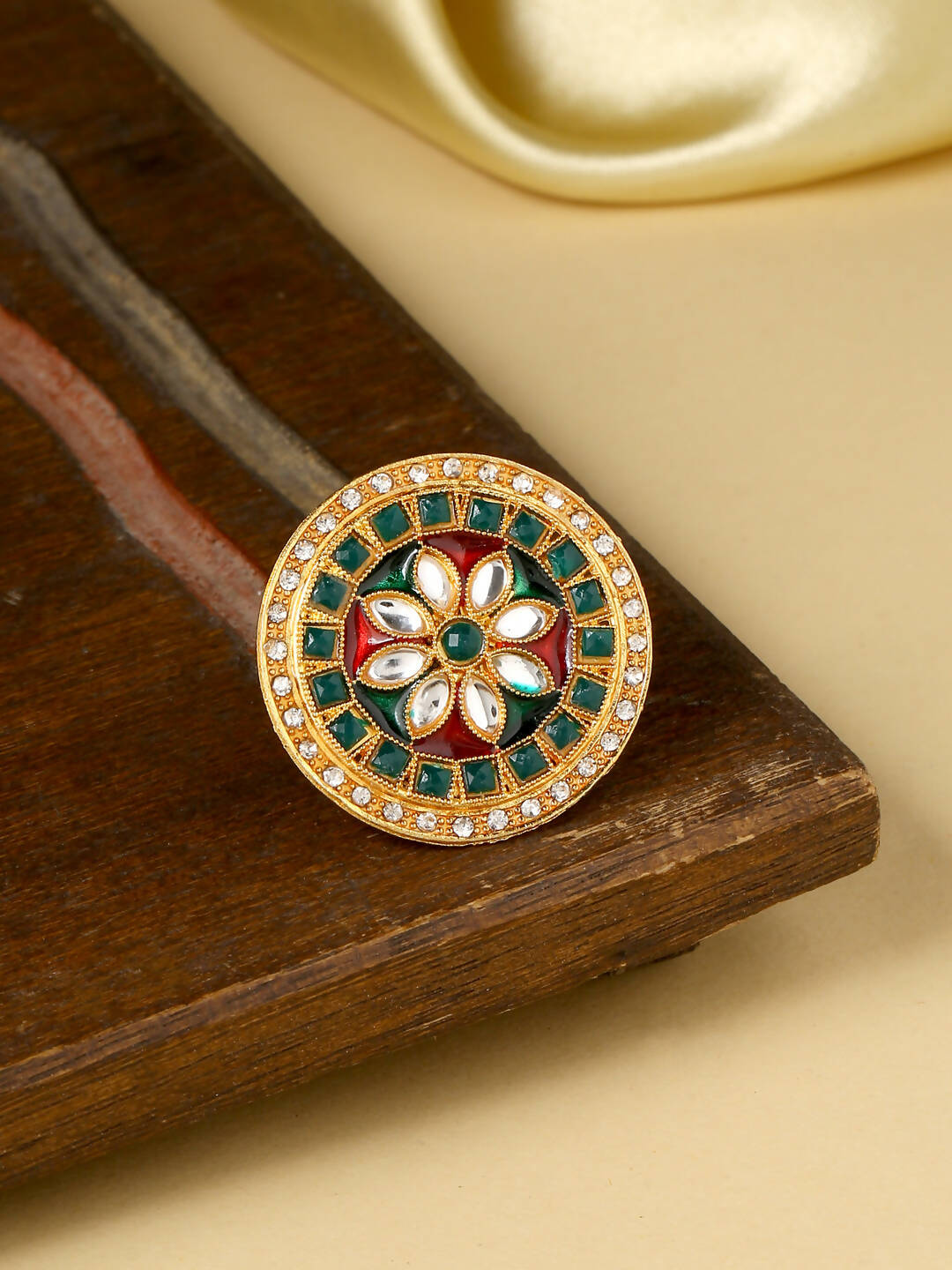 NVR Women's Traditional Kundan Meenakari Gold-Polished Ajustable Finger Ring