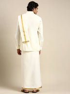 Ramraj Cotton Premium Wedding Cream Regular Dhoti, Shirt & Towel Set Arathi 3/4"