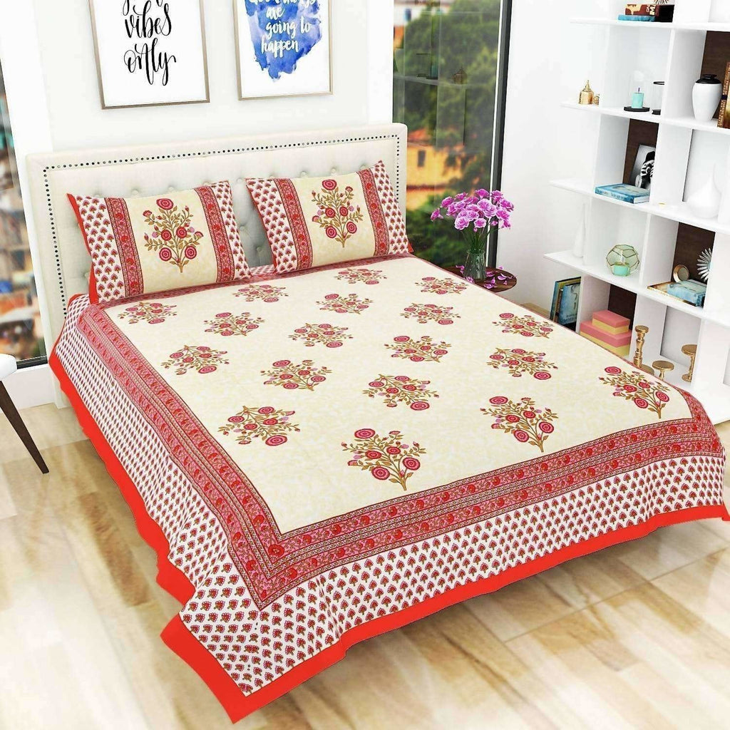 Floral Print Queen Size 90x108 Inches Jaipuri Flat Bed Sheet Bedspread with 2 Pillowcases