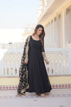 Jyoti Fashion Women's Black Faux Blooming Sequins Zari Embroidered Anarkali Dress with Dupatta
