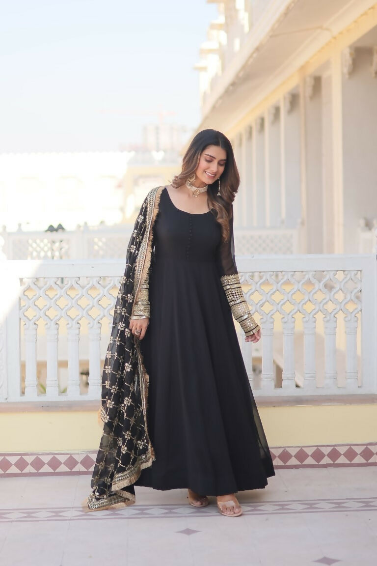 Jyoti Fashion Women's Black Faux Blooming Sequins Zari Embroidered Anarkali Dress with Dupatta