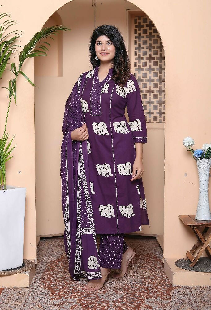 Miravan Womens Purple Cotton Animal Print Kurta With Palazzo And Dupatta - Distacart