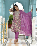 Vaasva Women's Purple Tissue Embroidered Suit Set With Solid Pant And Embroidered Dupatta