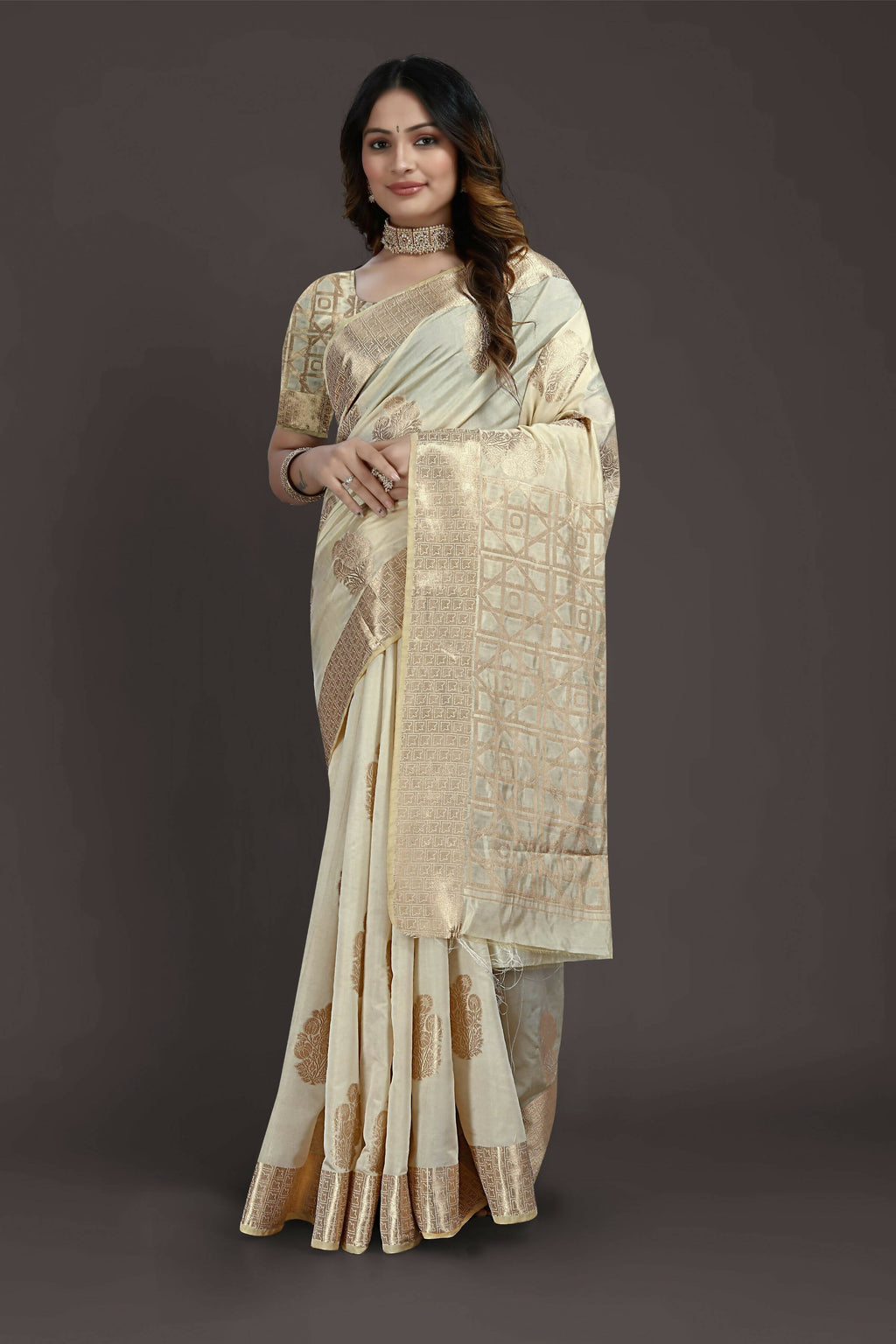 Off White Pure Raw Silk Zari Woven Saree with Unstitched Blouse Piece - Alisha
