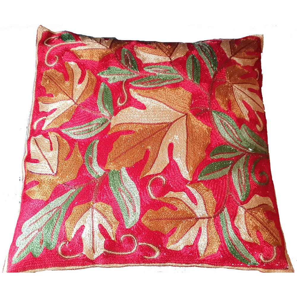 The Decor Nook Hand Embroidered Crewel Cushion Covers in Mustard/ Off White Chinar Leaf Motif with Red Base
