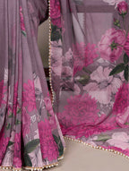 Vastranavya Grey Weightless Marble and Floral Printed Georgette Saree with Unstitched Blouse - Distacart