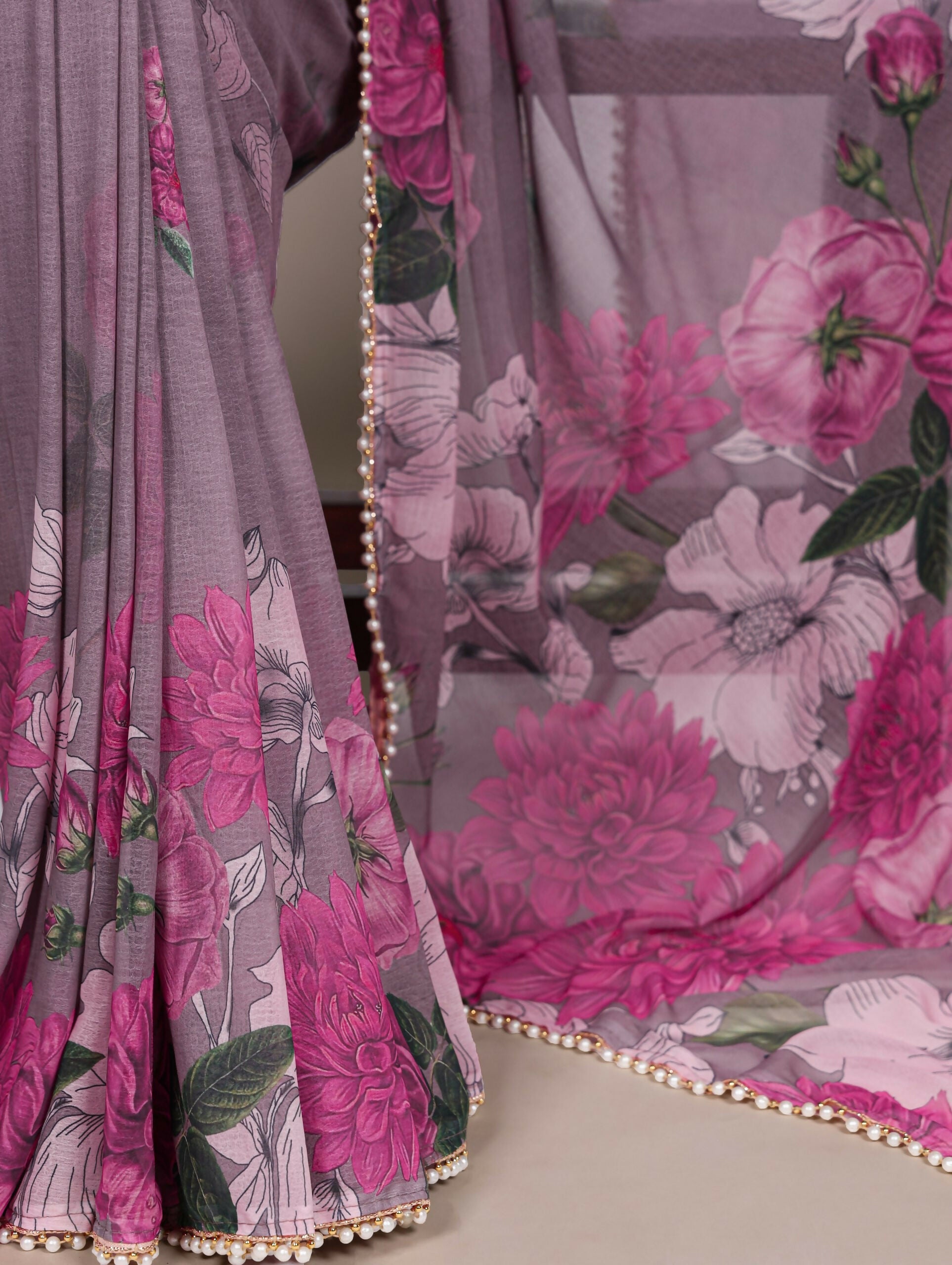 Vastranavya Grey Weightless Marble and Floral Printed Georgette Saree with Unstitched Blouse - Distacart