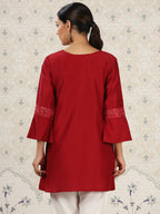 Red Chinon Embroidered Straight Top - Zeny