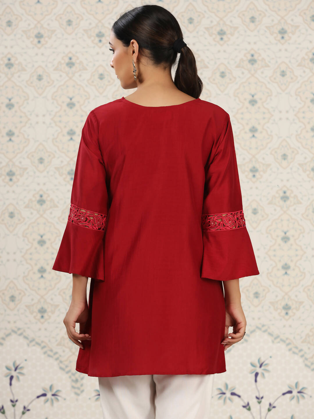 Red Chinon Embroidered Straight Top - Zeny