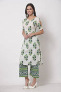 Myshka Women's White Cotton Blend Printed Half Sleeves V Neck Casual Kurta with Palazzo Set